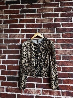Express Leopard Print Smocked-Waist Blouse - Beige & Black